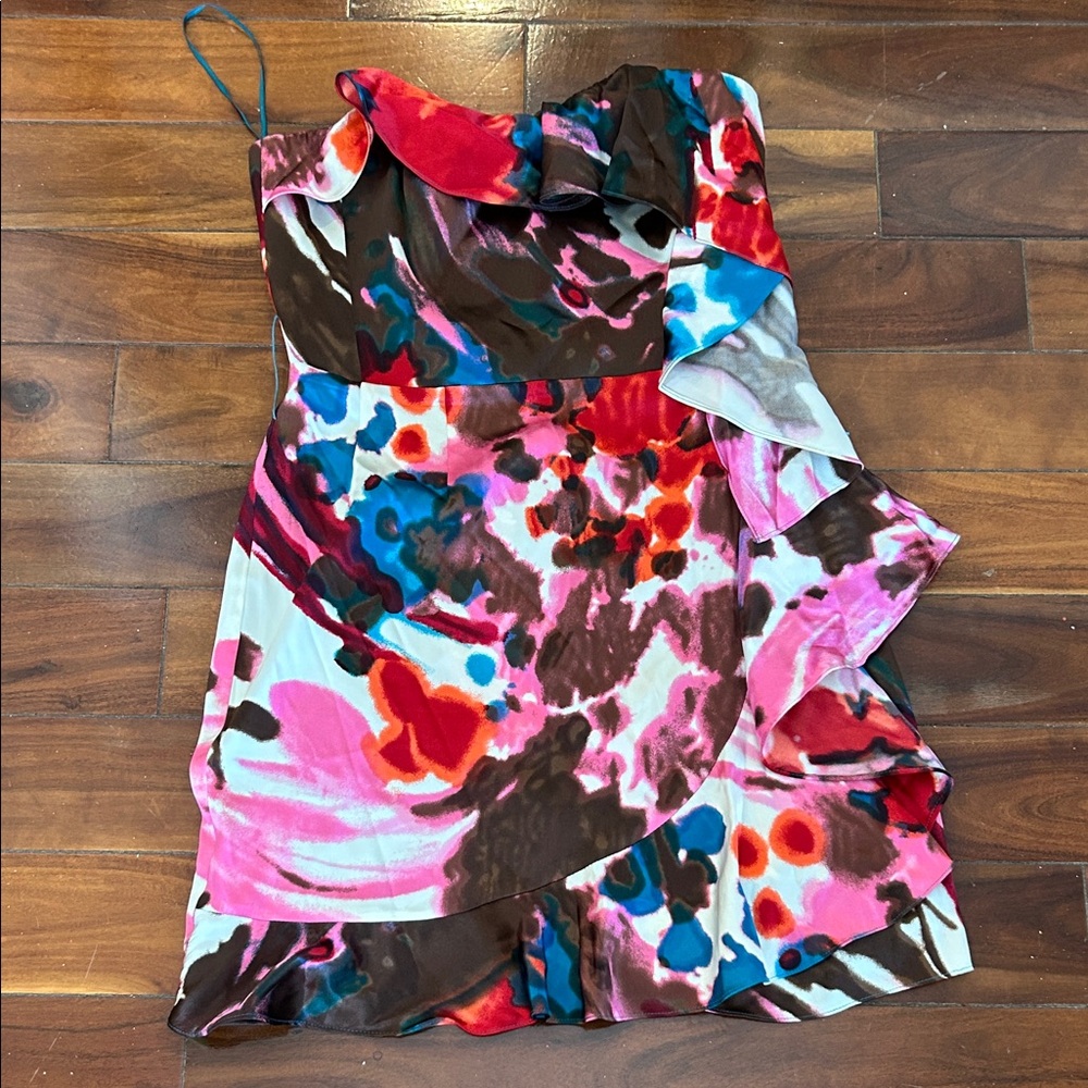 Express Multicolor Abstract Strapless Dress in Red, Teal, Brown